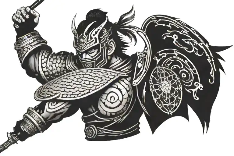 Fierce Japanese Warrior With Mask Tattoo Side View