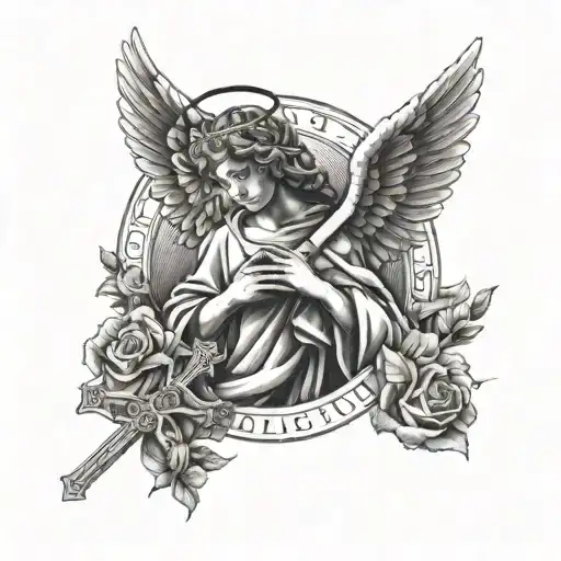 Angel Holding A Cross With Date Tattoo Depicting