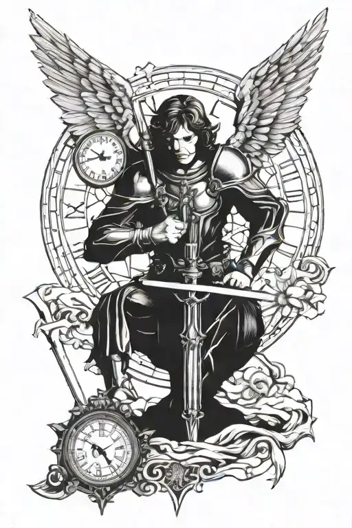 Archangel Michael Kneeling Sword In Ground With Clocks And Compasses
