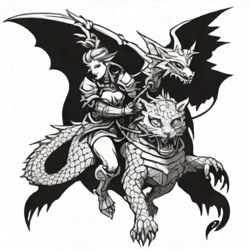 A Fierce Female Paladin With A Cat Companion Battling A Dragon