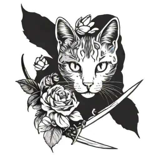 A Cat With Butterfly Wings Surrounded By Flowers And Swords
