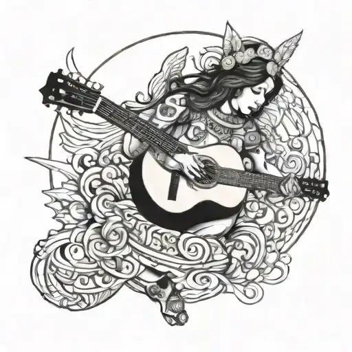 An Angel Playing A Guitar With Mexican Motifs In The Background