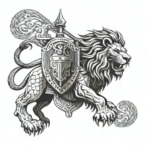 A Lion With A Shield And Helmet Symbolizing Courage In Battle
