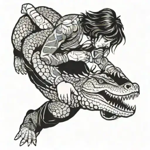 A Woman With Medium Length Hair Wrestling An Alligator