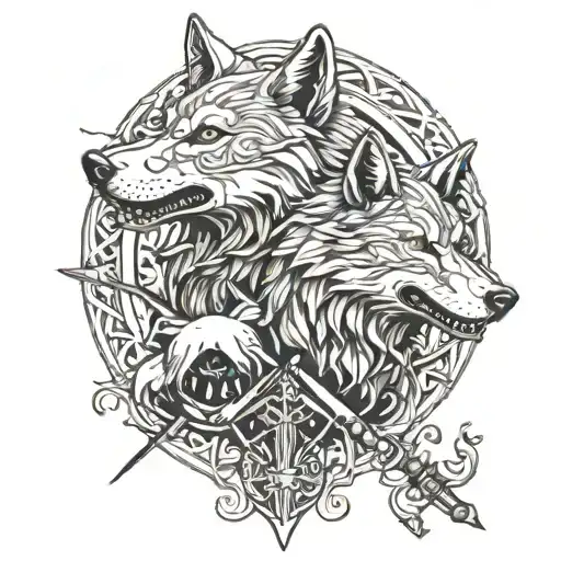 Wolf Geri And Freki Intertwined With Swords