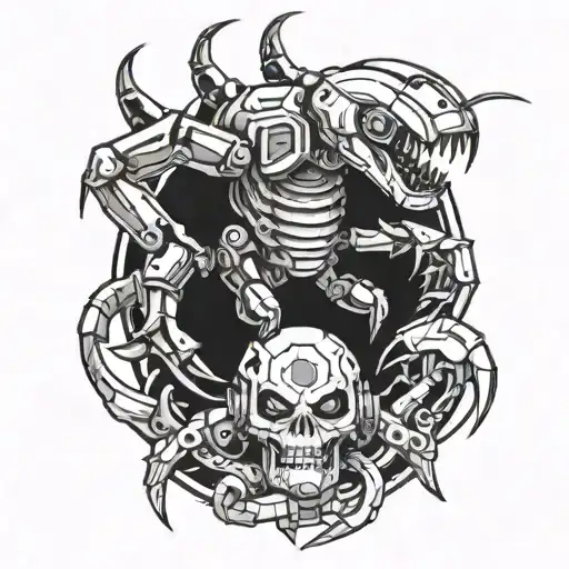 Robot Scorpion Tattoo Design Combining Taill With Chainsaw