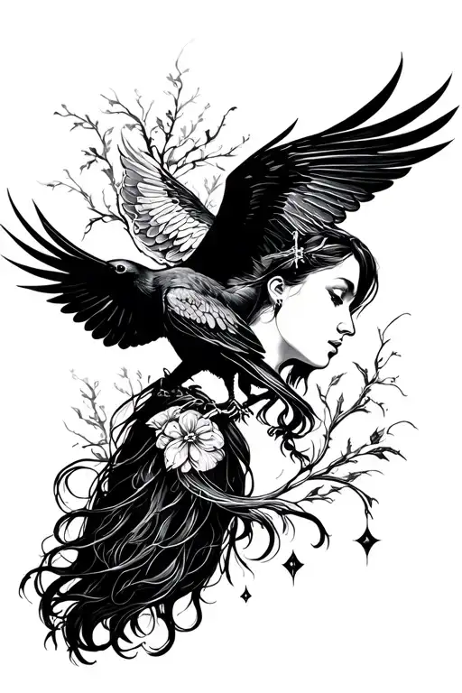 Femme Nordique With Crow Flying