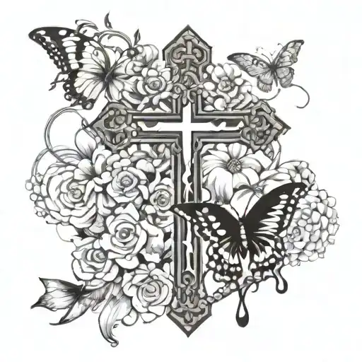 A Cross With Flowers And A Rosary Wrapped Together And Butterflies