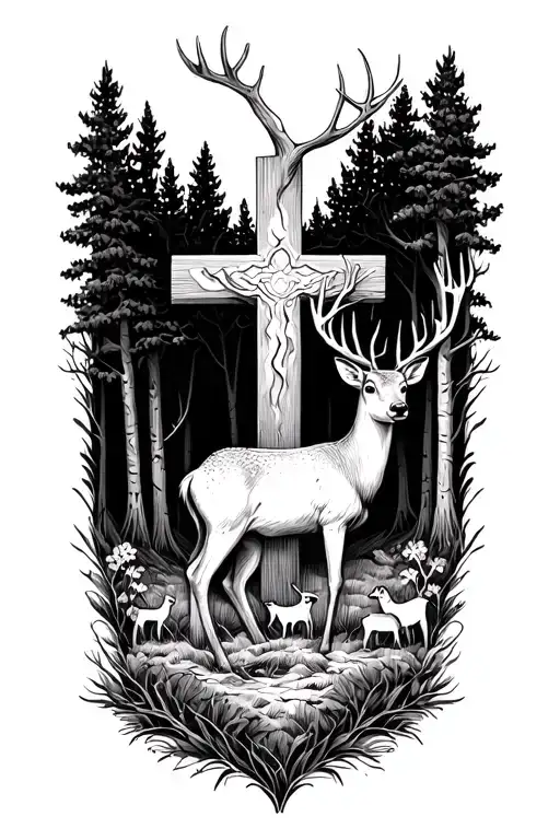 Cross Surrounded By Deer And Forest Scene