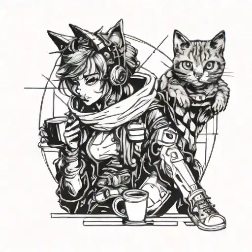 A Futuristic Cyberpunk Anime Character Holding A Coffee Mug With A Cat Sitting On Their Shoulder