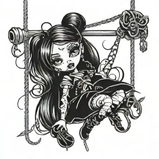 A Abused Bratz Doll Wearing Black Clothes Hanging From A Noose