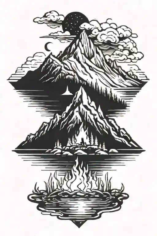 Mountain With Lake Infront Campfire