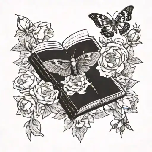 A Moth Flying Out Of An Open Book Surrounded By Peonies