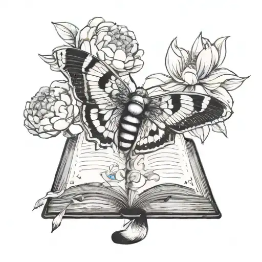 A Moth Flying Out Of An Open Book Surrounded By Peonies