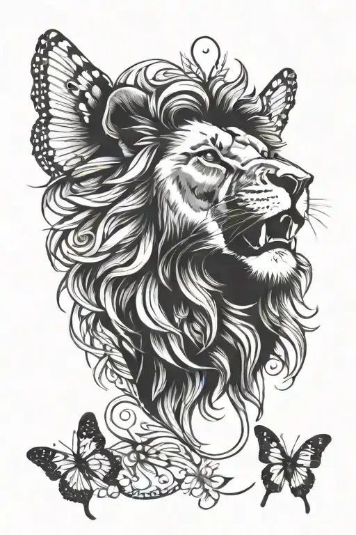 Lion Roaring With Butterfly On Nose