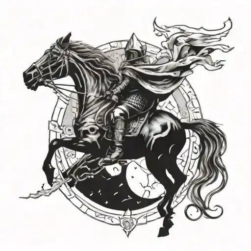 A Ghostly Medieval Knight Riding A Space-themed Horse Through A Mysterious Portal