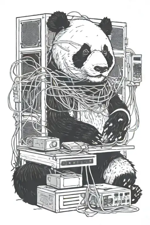 Panda Tangled In Ethernet Wires With Server Racks Behind The Panda