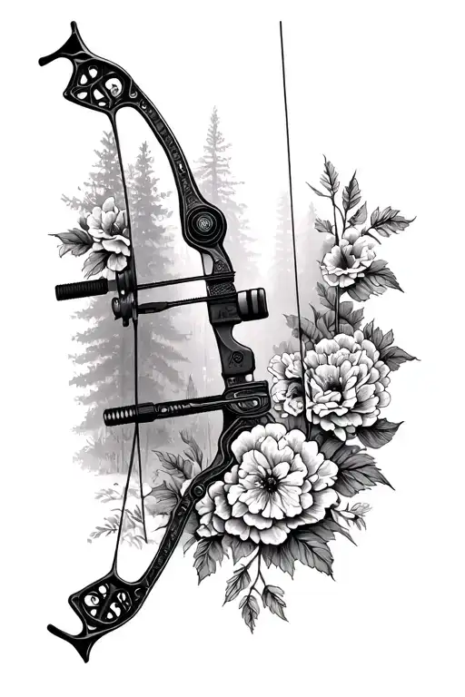 Forest Fading In The Background A Nocked Compound Bow In The Center And Carnations Around The Edges