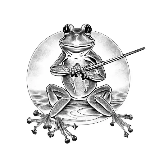 Frog Sat On Bay With Fishing Rod