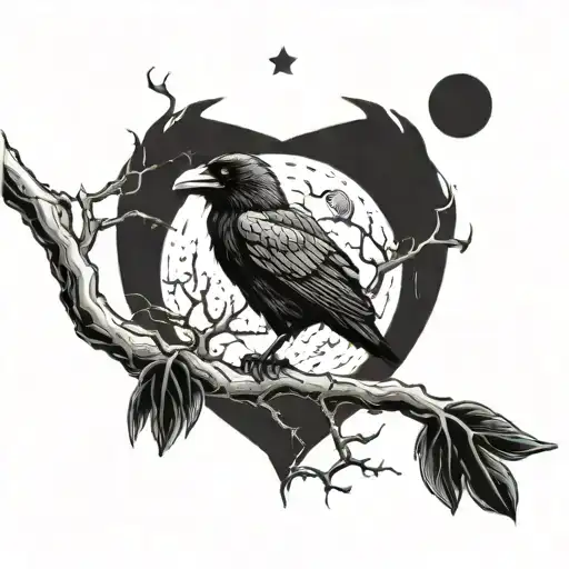 A Mystical Raven Perched On A Branch Reaching Towards The Moon