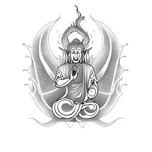 A Majestic Dragon Wrapping Around A Praying Buddha