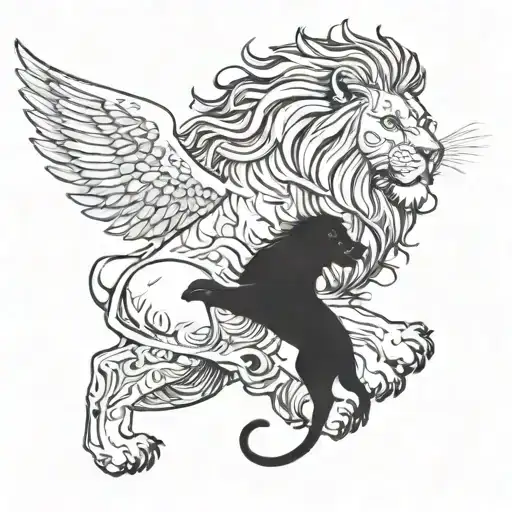 Lion With Wings Stretching With Cub Playing