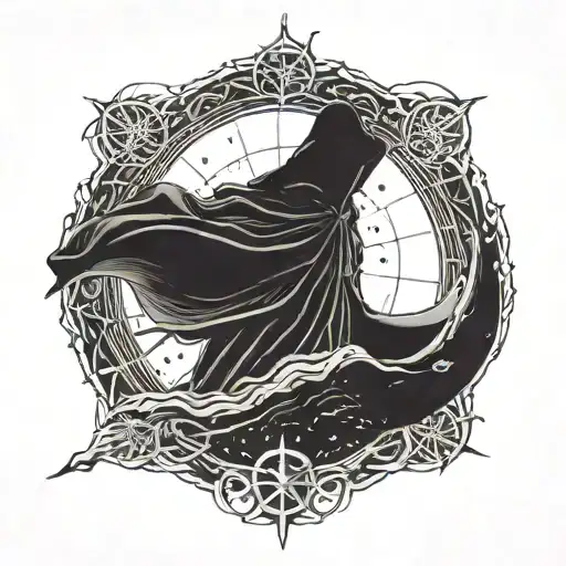 Dark Cloak Floating From The Front And Inside The Cloak Stars Above And Sunrise In The Bottom