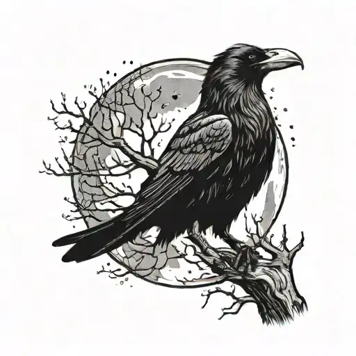 A Majestic Raven Perched On A Tall Tree With A Full Moon And Stars In The Background