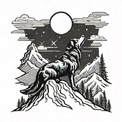 A Silhouette Of A Dog Howling At The Moon With Mountains In The Background