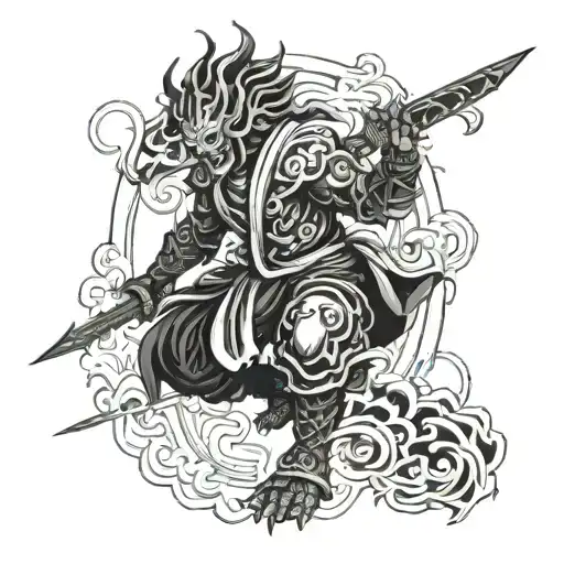 A Blackwork Design Of The God Susanoo Wielding His Legendary Sword
