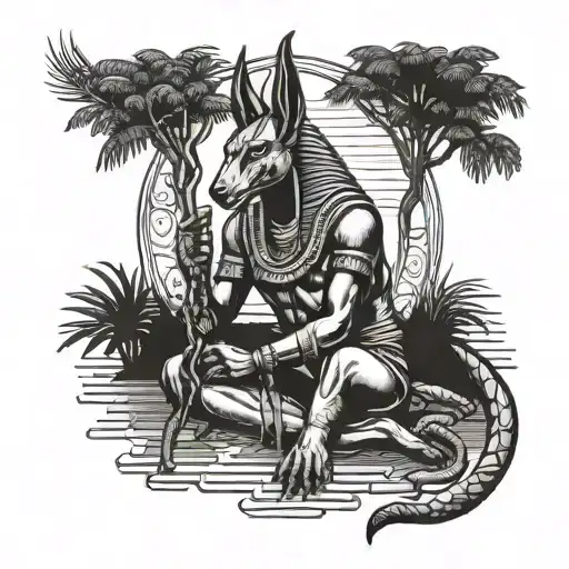 Egyptian God Anubis Holding A Willow Tree