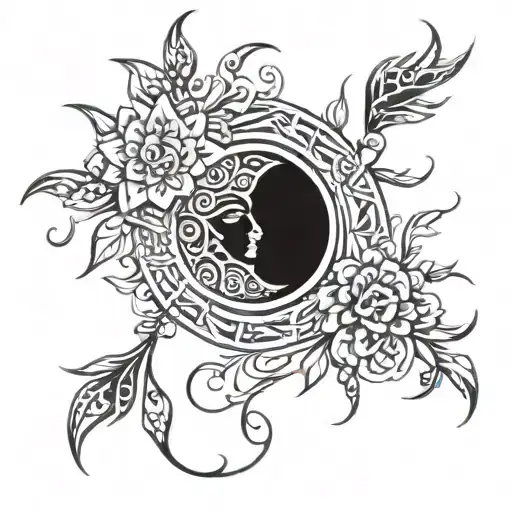 A Tribal Sun And Moon Design Intertwined With Vines And Flowers