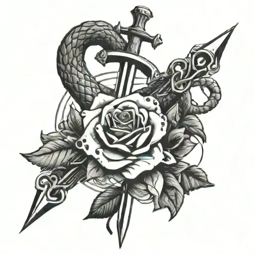 Crossed Swords With A Heart And A Rose And A Snake