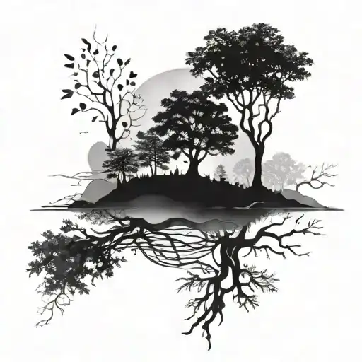 Black Grey Tattoo Design Incorporating Elements Like Trees
