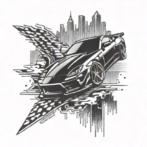 A Tattoo Design Featuring A Sleek Sports Car Racing Through A Pixelated Video Game Landscape