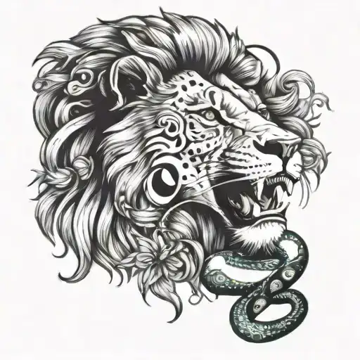 A Detailed Portrait Of A Lion And Snake Surrounded By Art Supplies