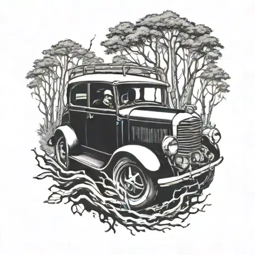 A Demon Skull Driving A Vintage Car Through A Dark And Eerie Forest