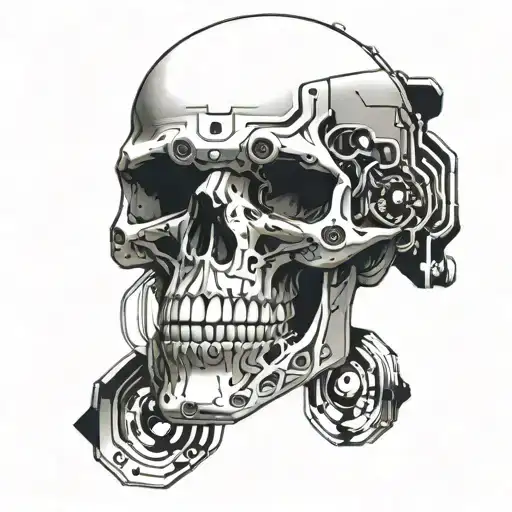 A Tattoo Of A Cybernetic Skull With Circuit Patterns On The Right Forearm