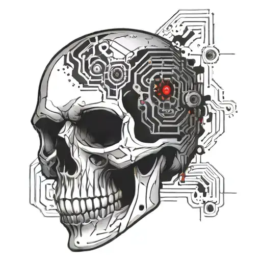 A Tattoo Of A Cybernetic Skull With Circuit Patterns On The Right Forearm With Blood
