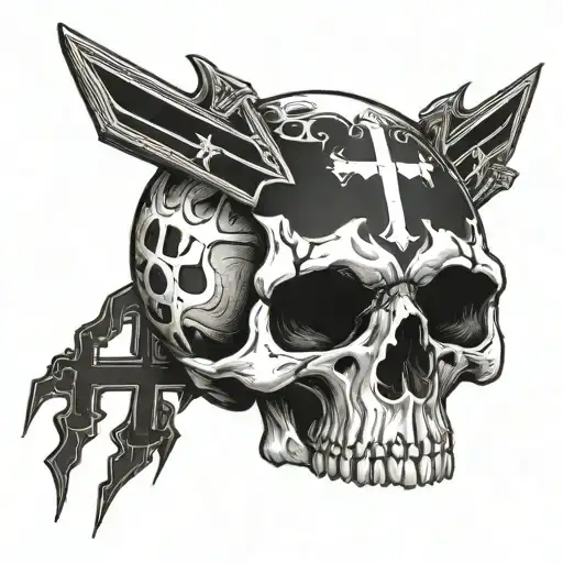 A Tattoo With A Skull Pierced With Crosses In Blood On The Left Hand
