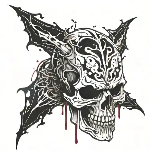 A Death Skull Tattoo With Blood Splatters That Blends With Cyber Themes And Rock Horror Punk Style
