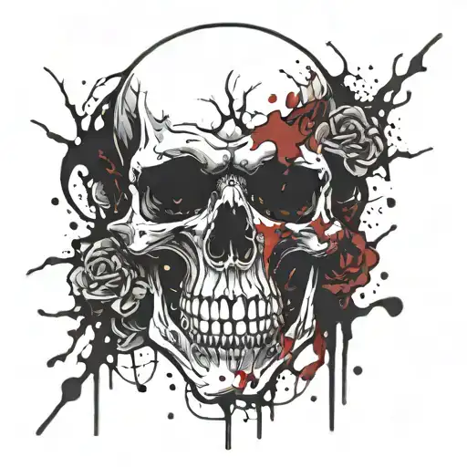A Death Skull Tattoo With Blood Splatters That Blends With Cyber Themes And Rock Horror Punk Style
