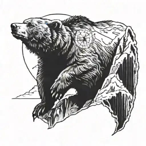 A Bear Climbing A Mountain With A Compass In Its Paw