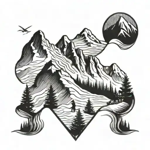 Mountain Range With Skiers Riding