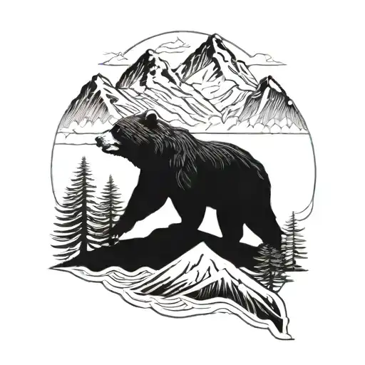 A Minimalist Blackwork Tattoo Of A Bear Silhouette Against A Mountain Backdrop