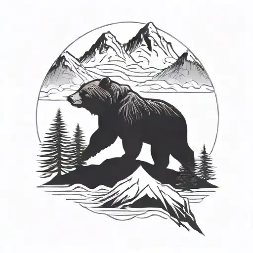 A Minimalist Blackwork Tattoo Of A Bear Silhouette Against A Mountain Backdrop