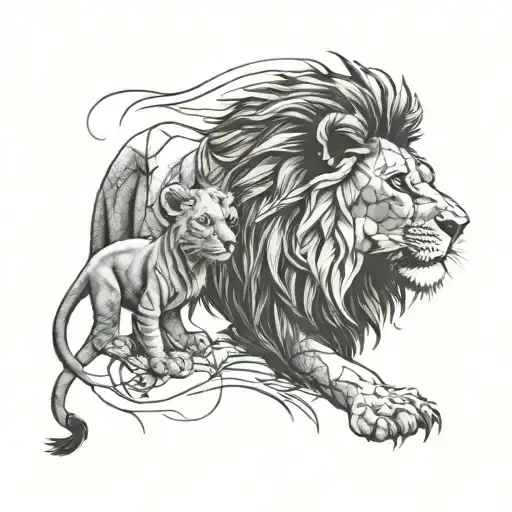 A Lion And Cub With A Subtle Business Motif Incorporated Into The Design In Blackwork Style