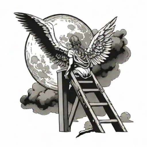 Angel Standing At The Bottom Of A Ladder Looking At The Moon