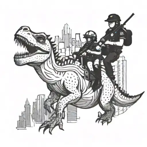 A Police Officer Riding A Dinosaur Through A Dark And Mysterious Cityscape