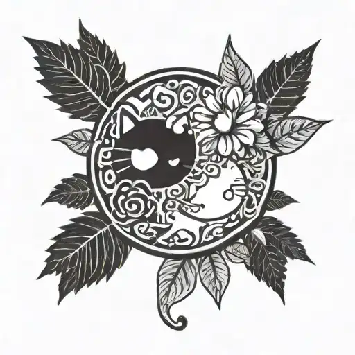 A Yin Yang Symbol With A Marijuana Leaf On One Side And A Hello Kitty Face On The Other